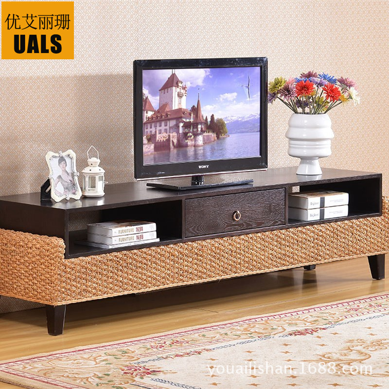 customized Small apartment a living room Rattan furniture Seaweed bedroom TV cabinet Simplicity modern Rattan double-deck Cabinet