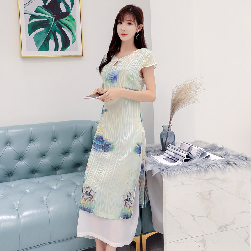 Improvement daily Ethnic style cheongsam Mid length version Short sleeved False two printing Large Dress /9974