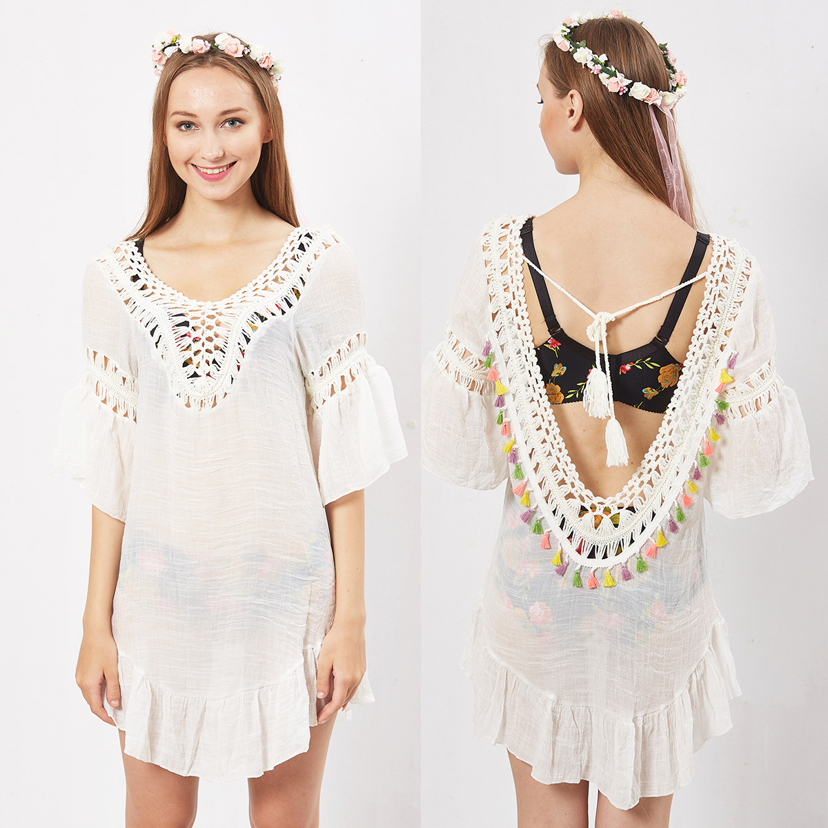 Sexy Bikini Cover Up Colorful Lantern Tassels Hollow Design U Back Tie Closure Beachwear for Summer Wholesale
