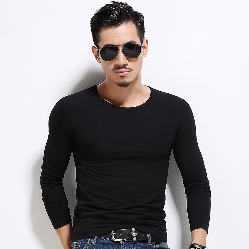 秋冬男士长袖T恤纯色韩版V领圆领潮男体恤男装班服打底衫一件代发