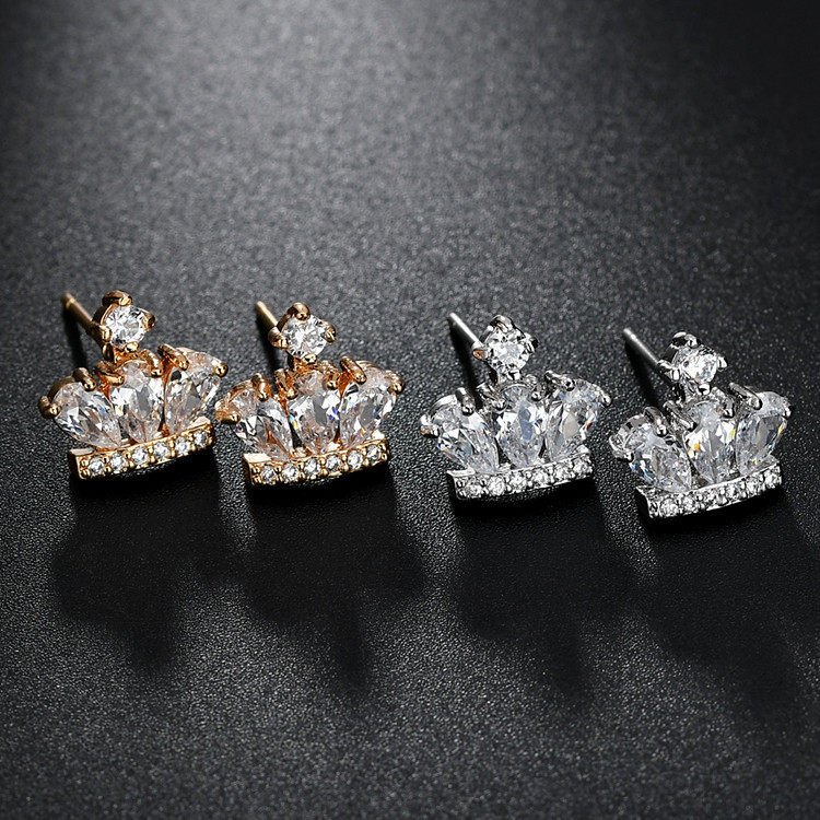 Copper Alloy Material 1 Pair Princess Crown Plating Inlay Copper Alloy Zircon 18K Gold Plated White Gold Plated Ear Studs