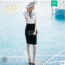 AD2024新款名媛小香风职业装女装系带短袖衬衫黑色半裙套装衬衣夏