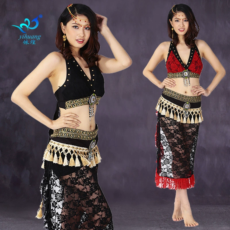 Новый костюм для танца живота Костюм для племенного стиля Индийский танцевальный Кружевной Костюм для выступлений Танцевальный сценический костюм Конкурсный костюм