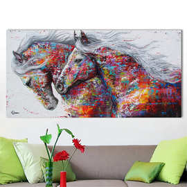 两匹马水彩装饰油画  动物打印客厅装饰画 无框画画芯