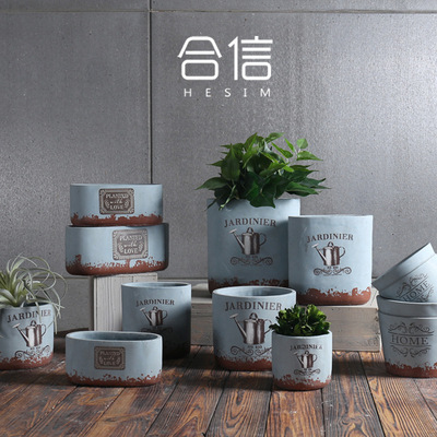 創意小清新水泥花盆北歐風格商場辦公組合花器貼花圖案廠家定制