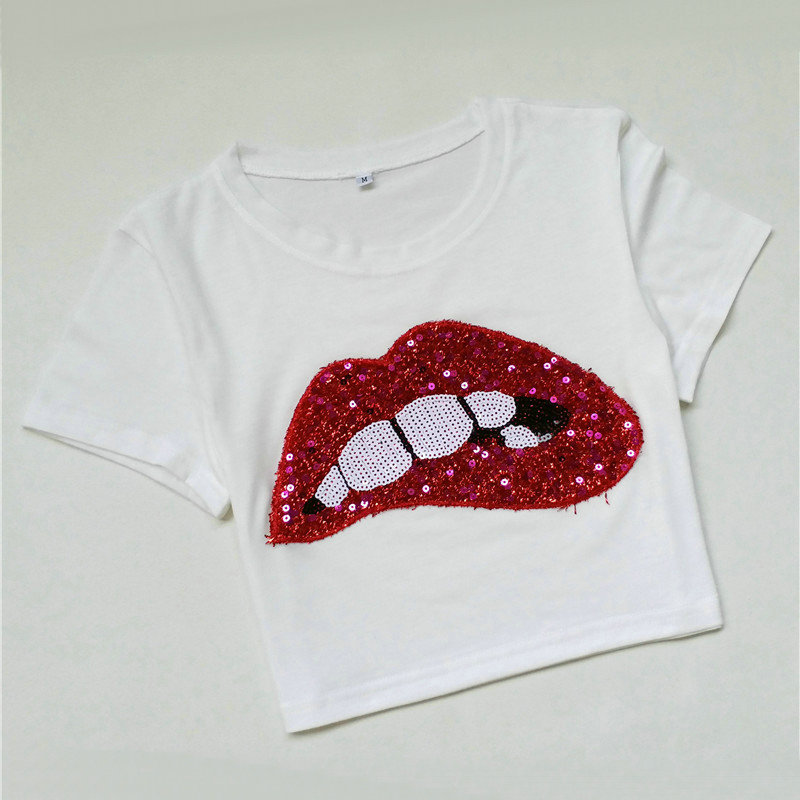 Camisetas cortas bordadas con lentejuelas labiales NSOSY111506