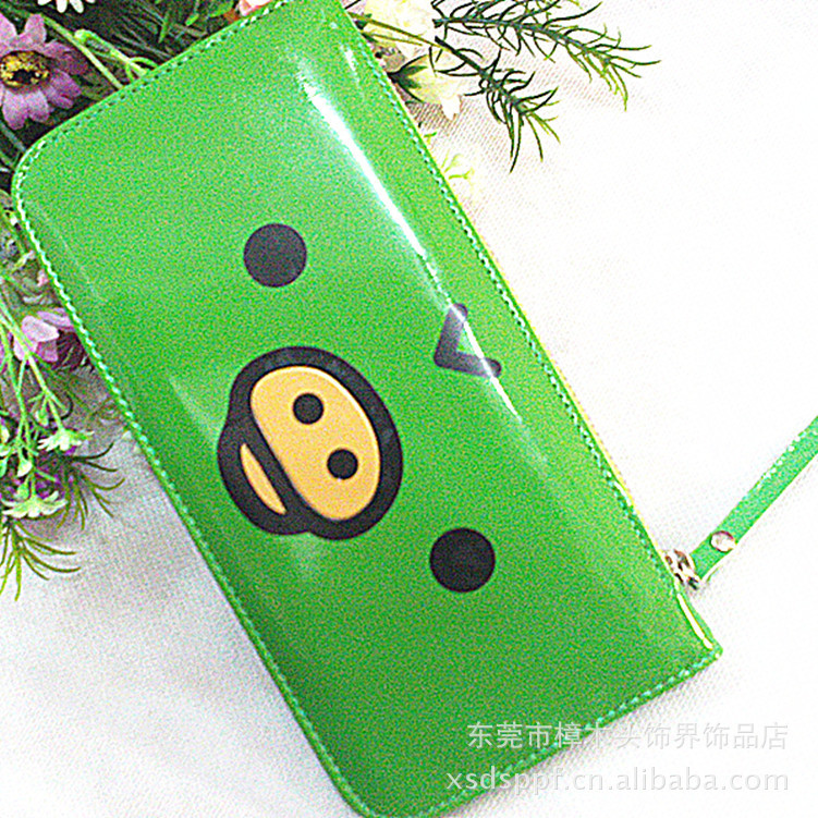 新日韩版超薄钱包 女长款漆皮亮皮草绿色卡通多功能女生钱包卡包