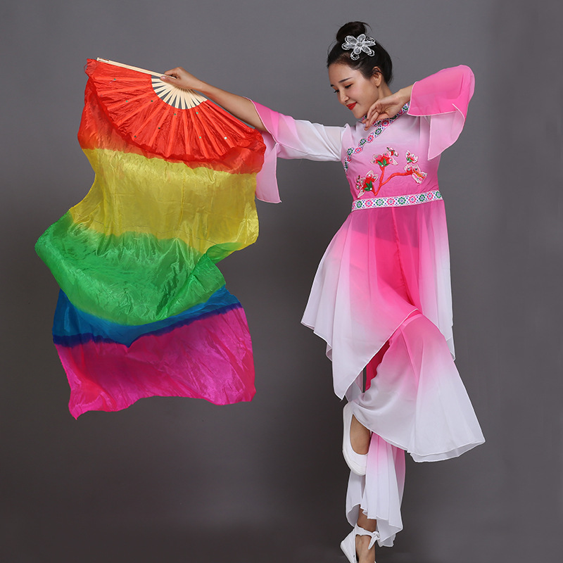 Chinese traditional folk yangko dance  Long silk fans for women girls Colorful rainbow colored long floating dance fan performance props