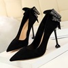 Korean sexy nightclub thin heel super high heel suede shallow mouth pointed back diamond bow women’s single shoe