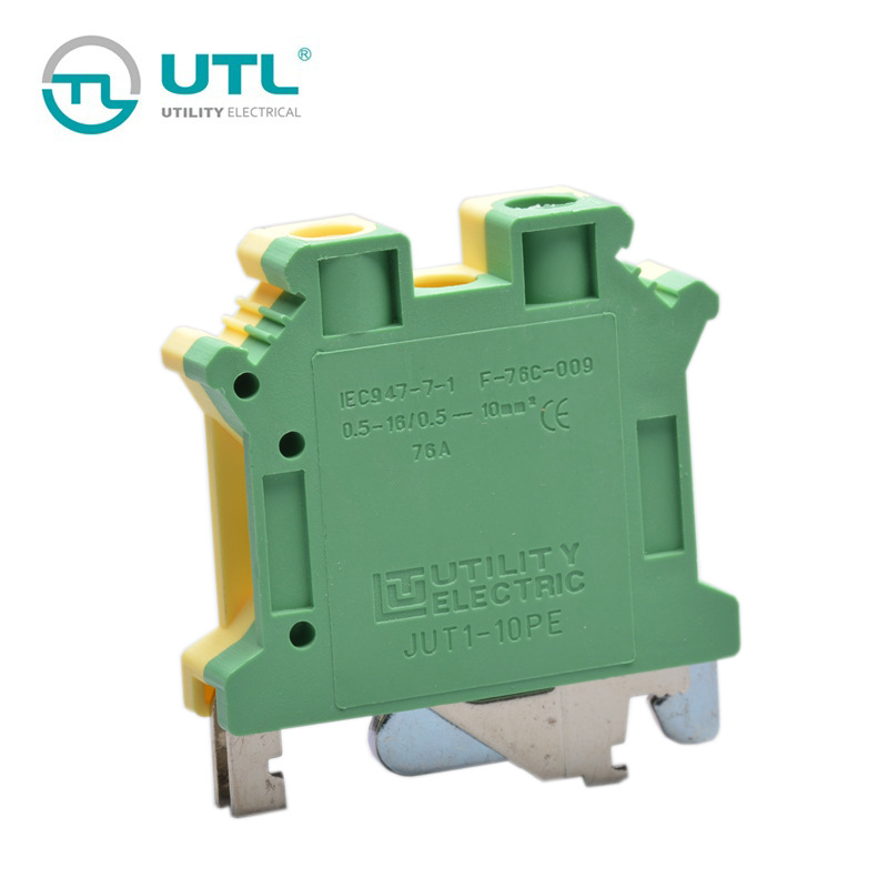 供应尤提乐 导轨式接地端子JUT1-10PE黄绿色螺钉接地端子厂家直销