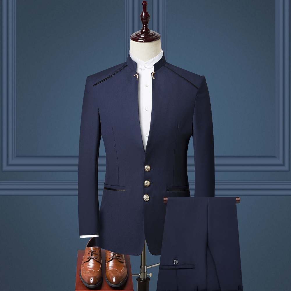 Cross-border Foreign Trade Men's Autumn and Winter New Suit Three-piece Set Men's British Stand Collar Tunic Dress Suit Jacket