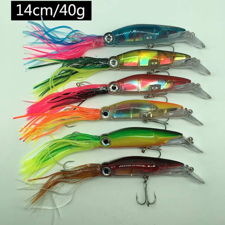 6 Pcs Large Simulation Squid Fishing Lures Baits Squid Skirts Hard Fishing Lures Lifelike Swimbait Octopus Bait Trolling Lures Saltwater with 2 Treble Minnow Hooks