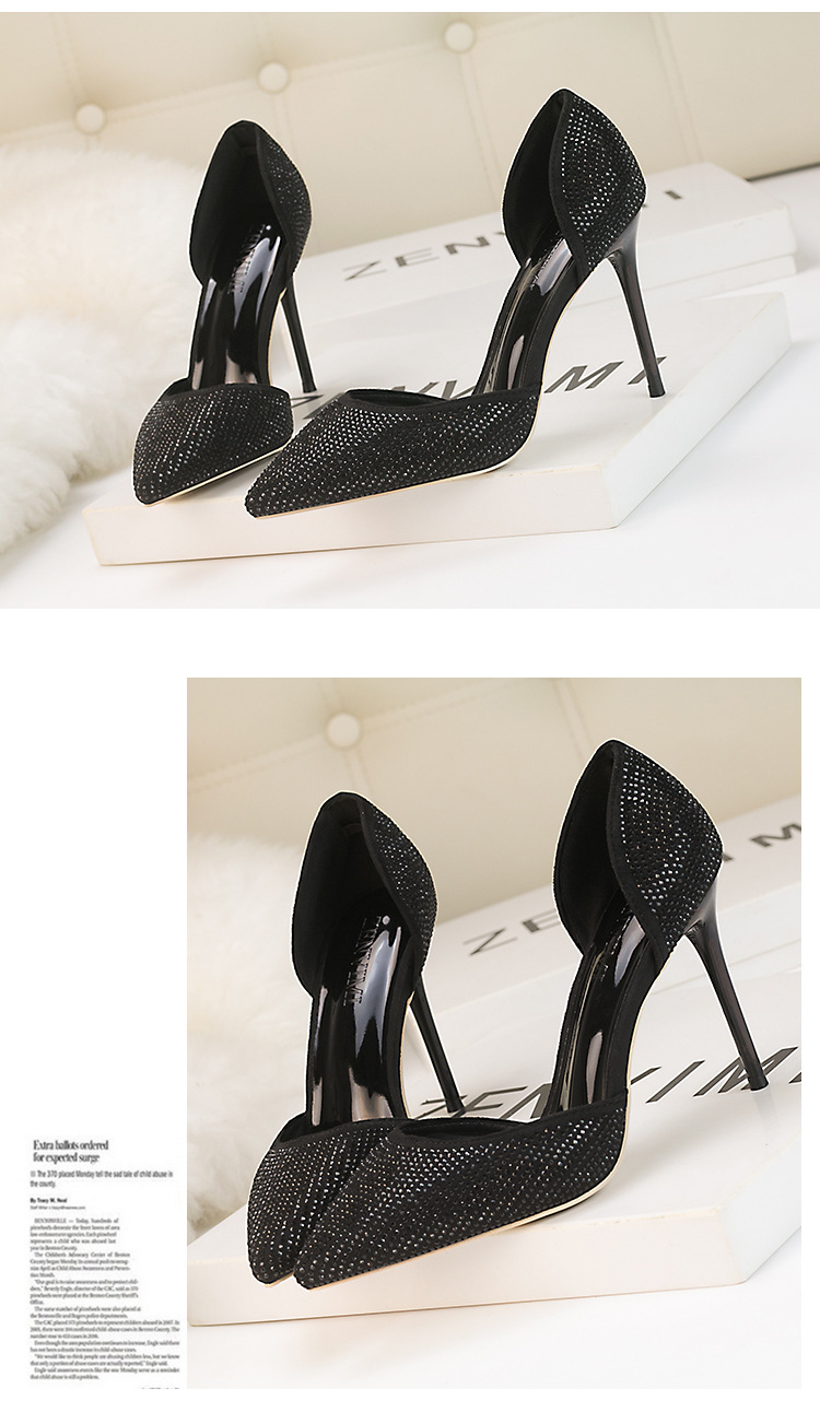 Chaussures à talons hauts super hauts élégantes et élégantes à bout peu profond et pointu avec strass brillants creux pour femmes_voghion.com