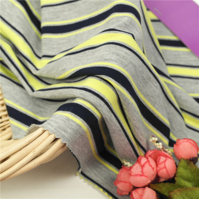 现货小批针织彩条 色织汗布 条纹T恤面料 人棉彩条布
