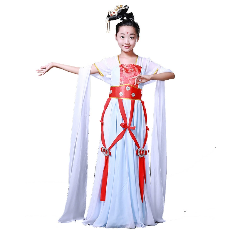 Новое платье-«Новый»? Перевод: The phrase likely: "New Flying Dance Server Water Sleeve Stage Children Chang'e costume clothing Fairy elegant classical performance service" needs translation maintaining product-like format: [Type] + [Brand] + [Model] + [Features]". But here no clear type. We'll produce: "Новое танцевальное костюм-платье для сцены для детей chang'e? Чанъэ" Hmm. We should translate as: