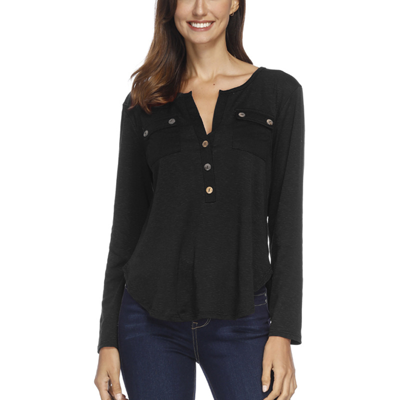 Sexy Deep V Irregular Hem T Shirt Button Pocket Detail Autumn Winter Fashion Top Wholesale Available