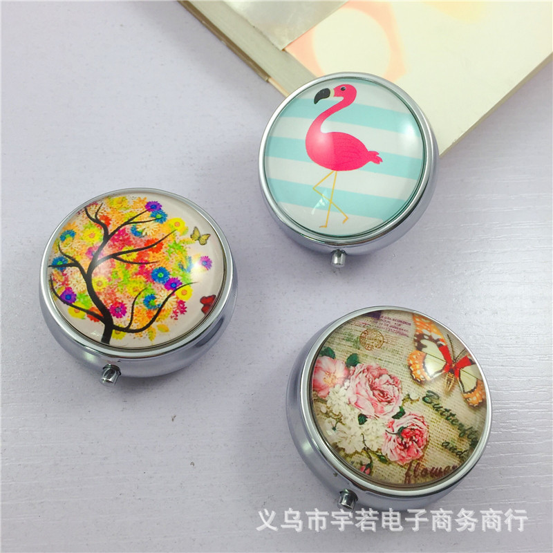 新款水晶玻璃药盒 圆形三格金属药盒 时光宝石 DIY耗材贴片