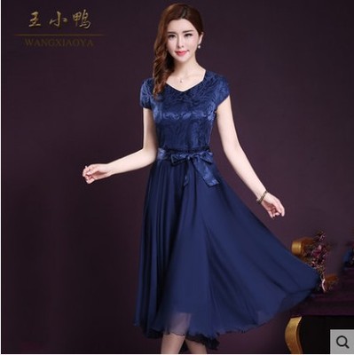 2018新款優雅女裝短袖真絲連衣裙修身大擺A字百褶裙大碼藍