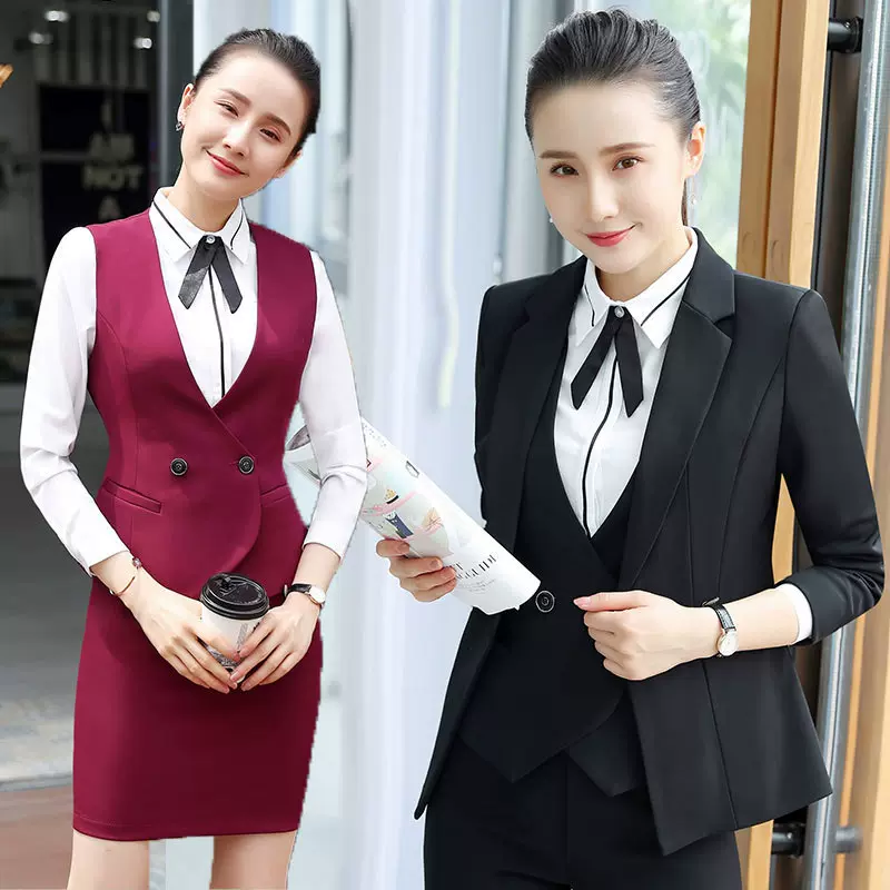 冬装新款职业装套装女长袖西装马甲5件套装酒店办公室文员工作服