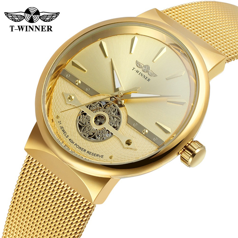 Winner-162G hombres de negocios reloj mecánico automático casual correa de acero máquina transparente inferior reloj mecánico