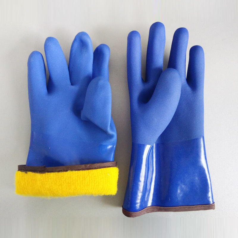 厂家货源PVC劳保手套蓝色浸胶砂面开司米拉毛防寒保暖磨砂手套