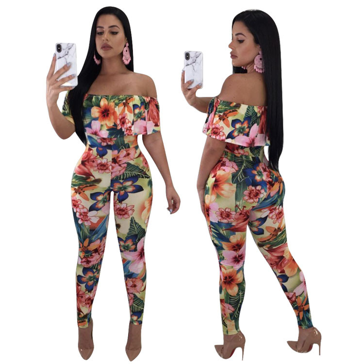 The New Amazon And Other Foreign Trade Popular Models Printing Fashion Sexy Word Neck Jumpsuit