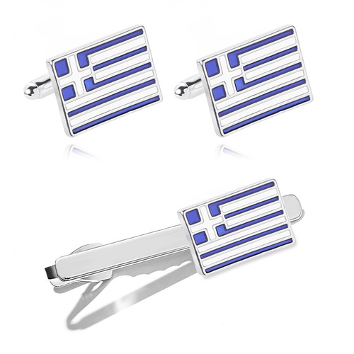 Bulk Rectangle Men's Oil Shirt Cufflinks with Cross, Greek Flag Tie Clip