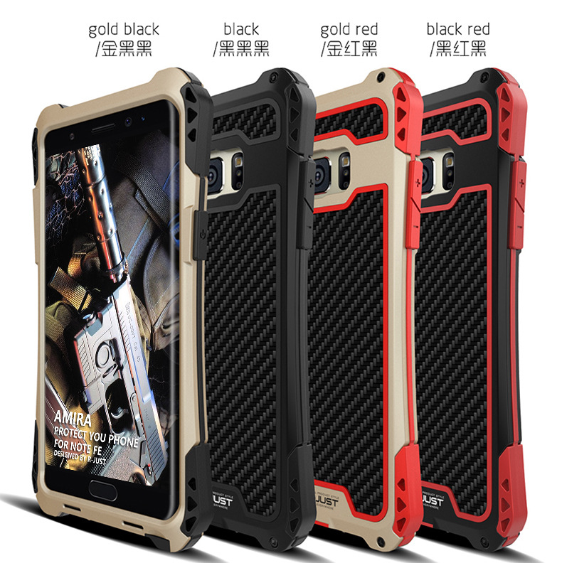 R-Just Amira Heavy Duty Dirtproof Shockproof Rainproof Aluminum Metal Bumper Carbon Fiber Back Cover Case for Samsung Galaxy Note FE / Note 7 N9300