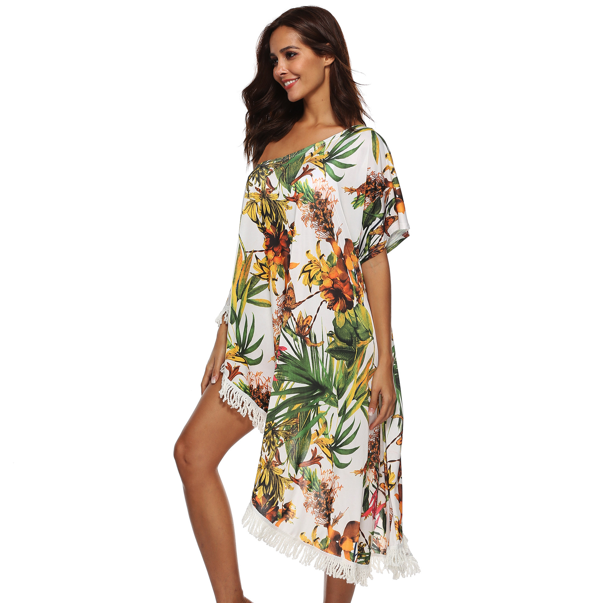Floral Print Off Shoulder Maxi Dress Tassel Detail Irregular Hem Sun Protection Summer Casual Wear Wholesale