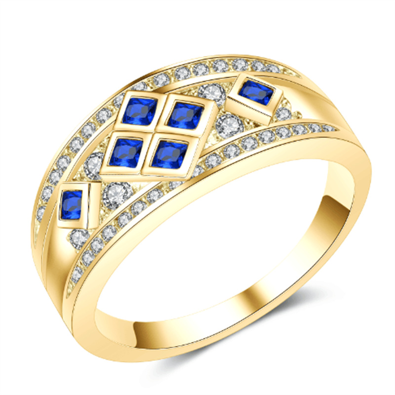 Europe and the United States new domineering inlaid square blue corundum gold ring engagement ring atmosphere luxury women's ring