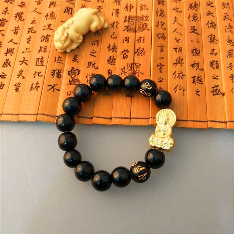 沙金观音手链 琉璃仿黑曜石黑玛瑙六字真言手串地摊批发抖音直播|ms