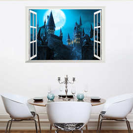 14219假窗3D立体墙贴魔法学院城堡风景客厅卧室房间背景墙贴壁纸