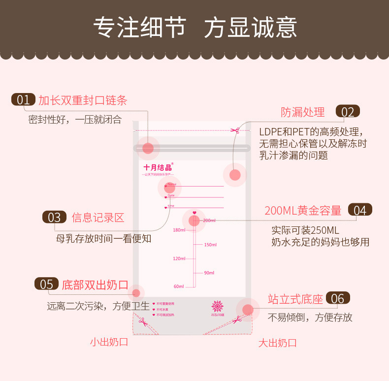 十月结晶母乳储存袋保鲜袋 消毒储奶袋 200ml*10枚存奶装详情9