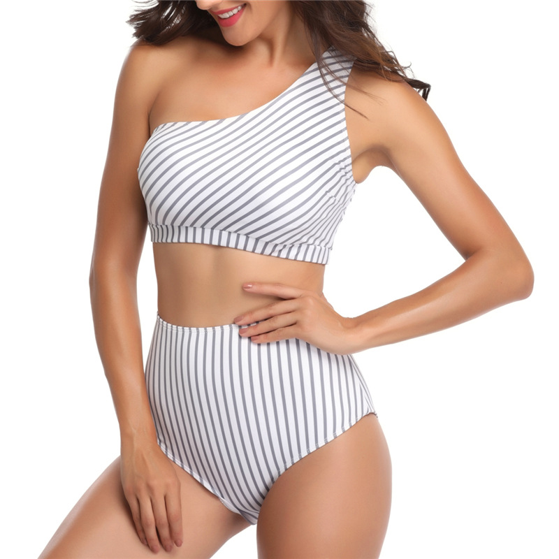 wholesale clothing vendors Nihaostyles one-shoulder striped split high waist swimsuit NSGM67113