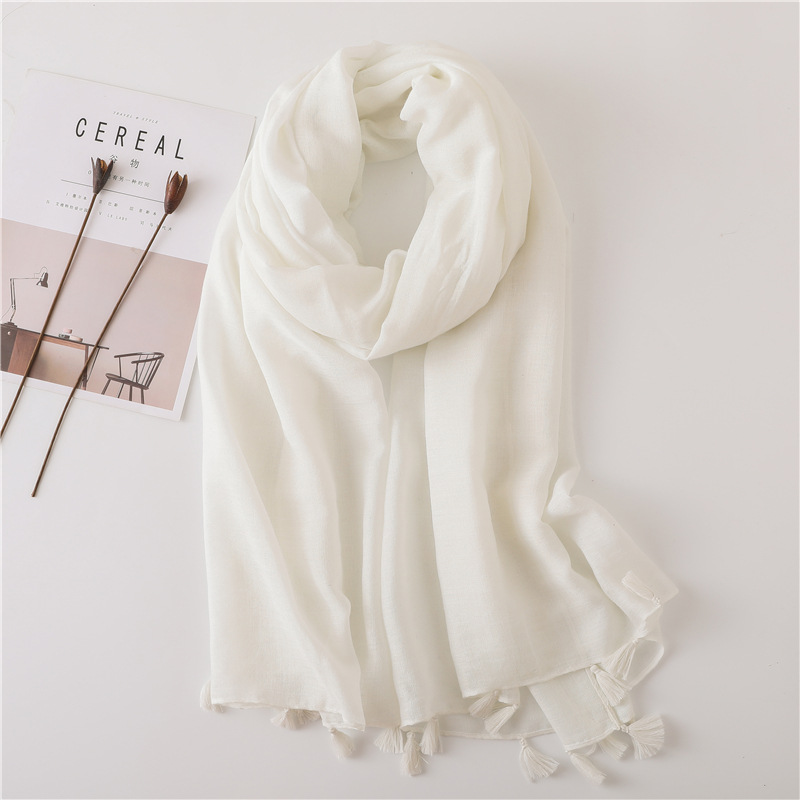 Solid Color Nude Powder Shiny Tassel Cotton Linen Scarf Shawl Long Scarf Silk Sunscreen Shawl display picture 9