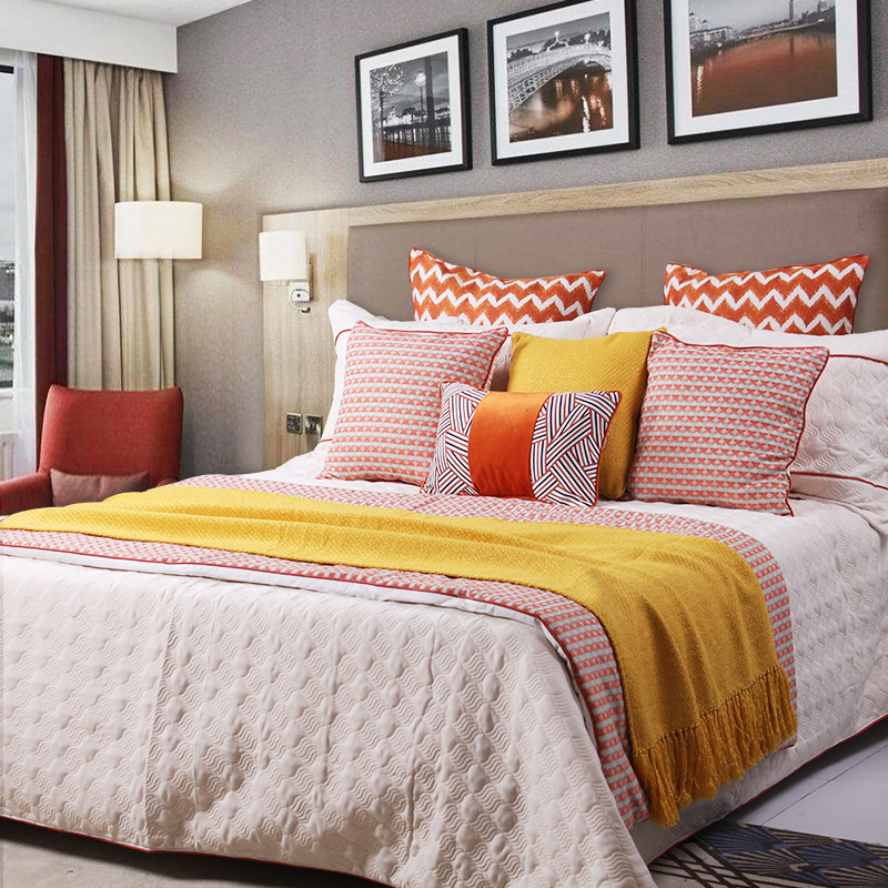 現代輕奢美式床品多件套別墅樣板間床品設計師定制床上用品橘色