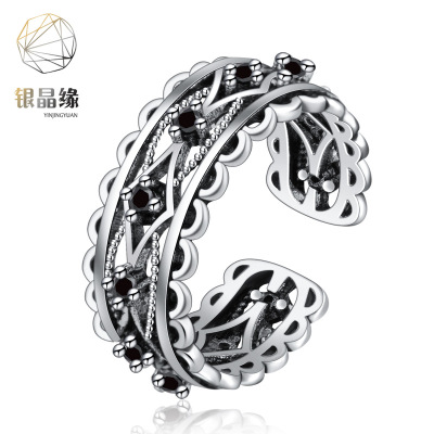 欧美跨境爆款手饰韩版潮人时尚泰银复古做旧凌空镶石开口戒指女|ms