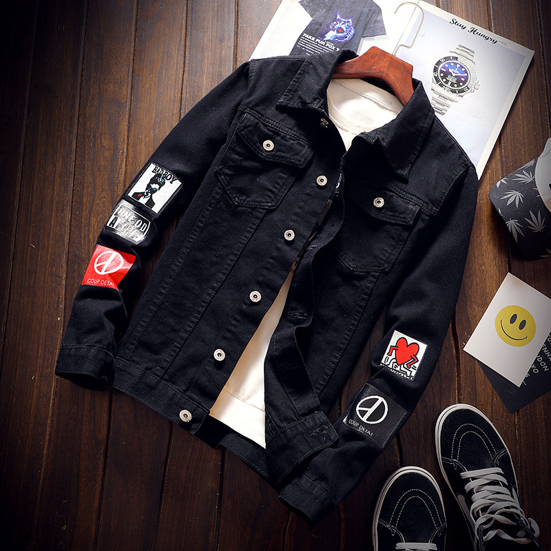 Handsome student black denim jacket men'...