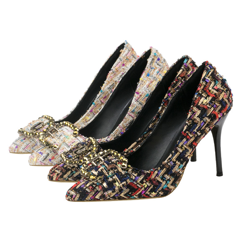6289-25 Korean fashion color matching wool shoes with fine heel drill buckles, pointed shoes, thin high heeled shoes, single shoes.