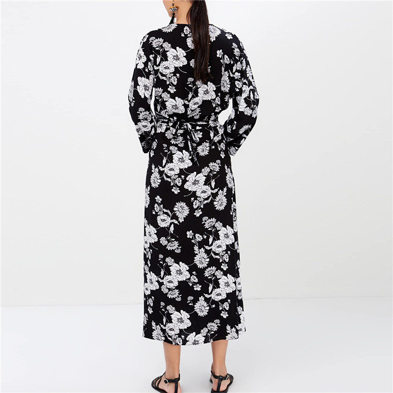 Printed Single Row Button Long Sleeve V-neck Dress  NSGE35078