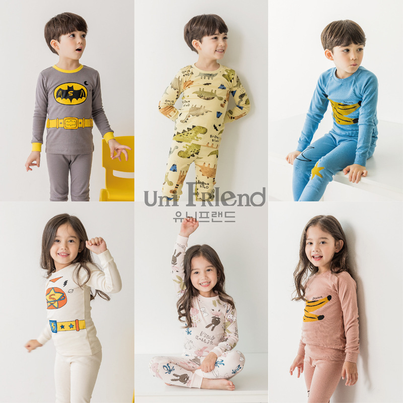 unifriend秋冬男女中小儿童套装内衣内裤修身宝宝棉质睡衣家居服