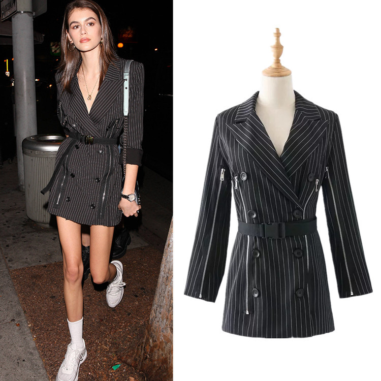 歐美2018秋新款女裝西服KaiaGerber街拍款腰帶條紋中長款西裝外套