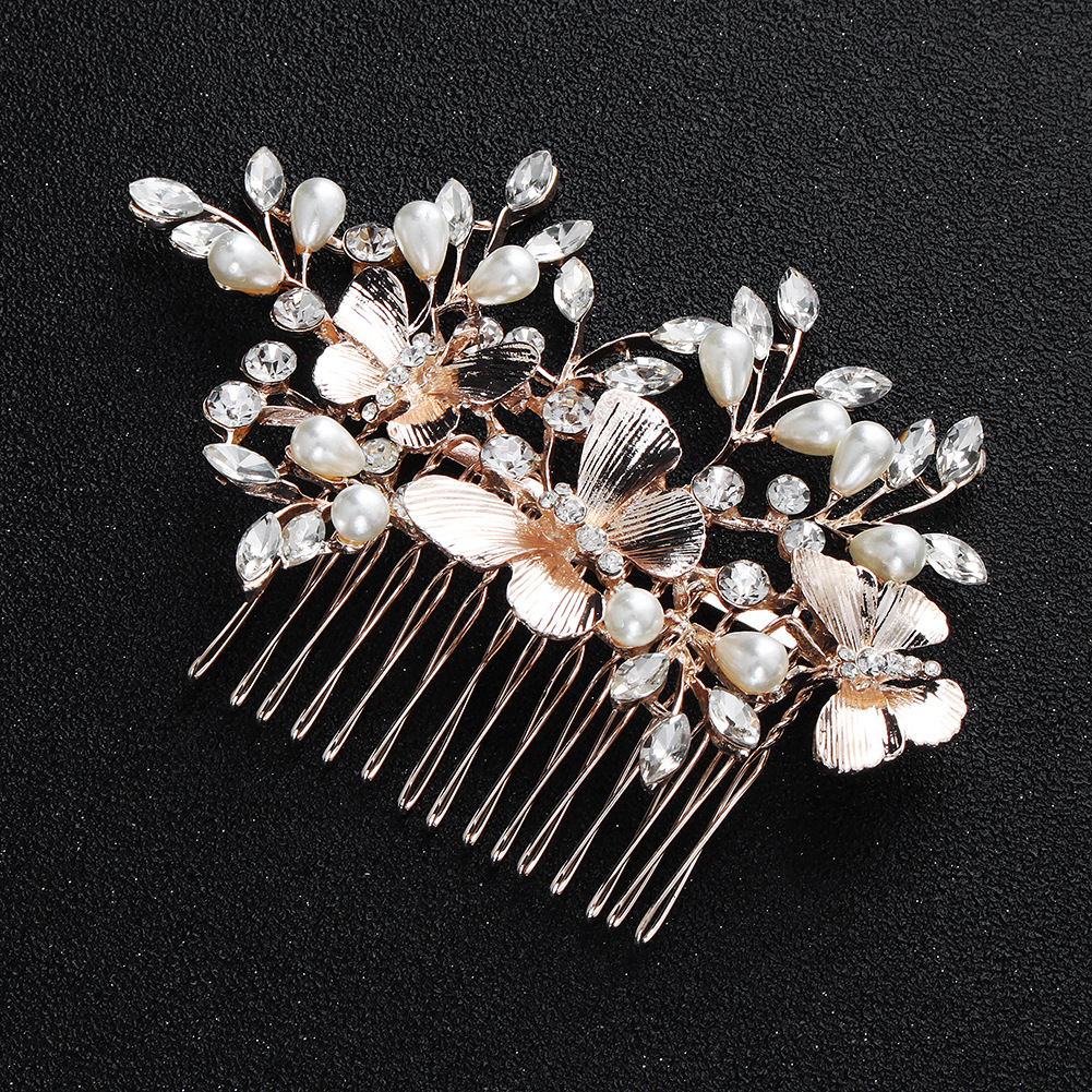 Korean Alloy Hair Comb Insert Comb Butterfly Pearl Inlaid Diamond Bridal Wedding Headdress Wholesale display picture 3