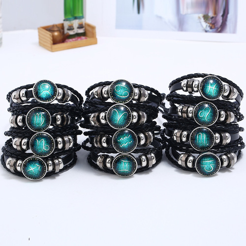 Foreign trade 12 constellations cowhide bracelet personalized retro woven starry sky bracelet 12 constellations leather bracelet