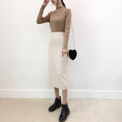 2018韩国东大门秋装新款女装性感显瘦包臀开叉针织半身裙