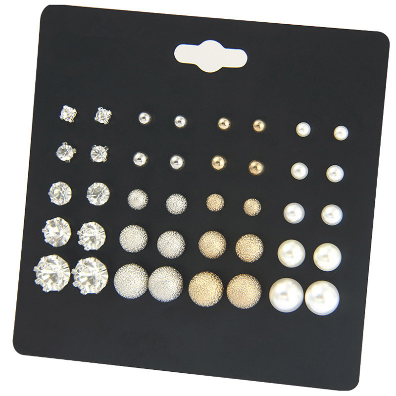 Simple Pearl Earrings Six-claw Zircon Inlaid Diamond Pearl Geometric Earrings 20 Pairs Set display picture 8
