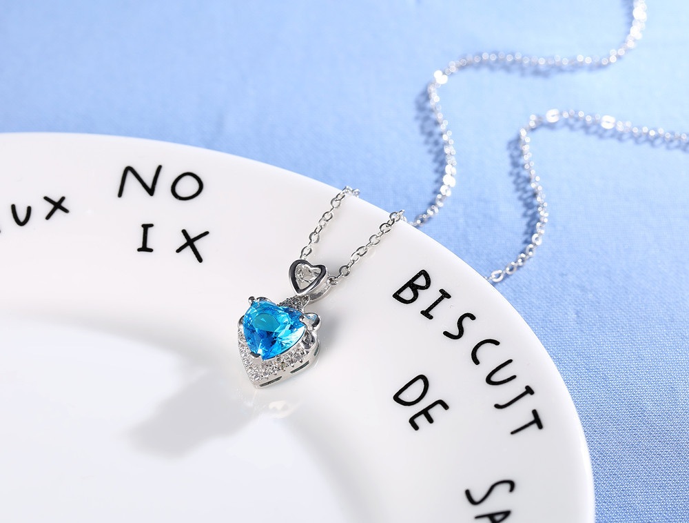 银项链天然托帕石吊坠紫蓝水晶海洋之星心形项坠 短款锁骨链饰品