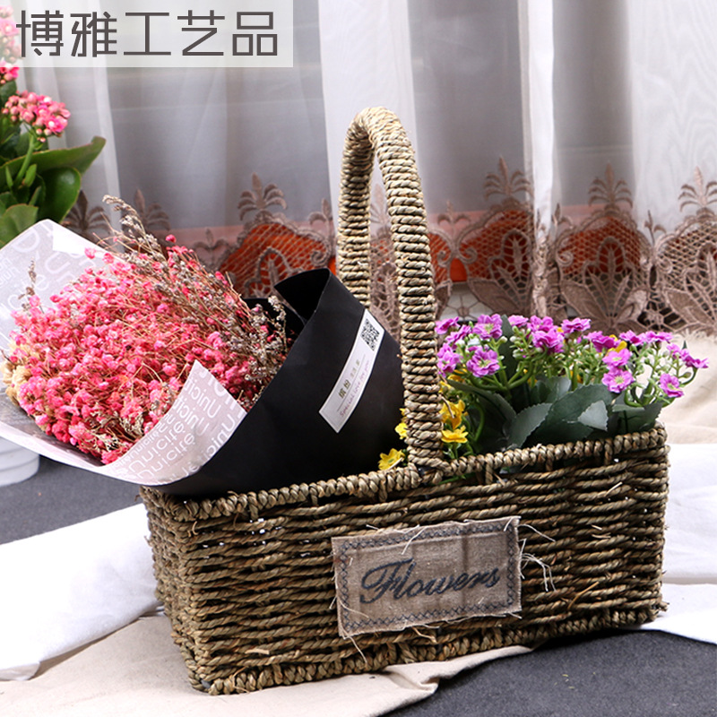 厂家批发 花篮 多肉花盆水培筐草编花篮绿植吊篮草编包草编收纳筐