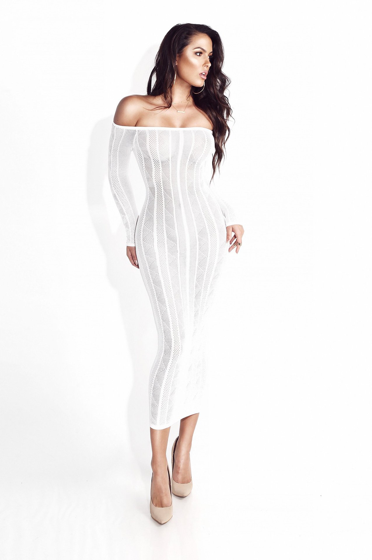 Sheer Knit Maxi Dress Off Shoulder Slim Fit Long Sleeve Autumn Fashion Wholesale Available