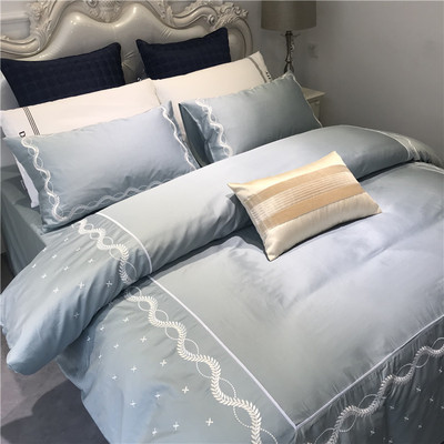歐式簡約刺繡純棉四件套男士全棉60支貢緞長絨棉純色1.8m床上用品